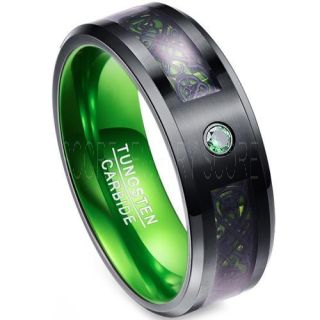 Green Ring, Green Tungsten Ring, Green Wedding Band, Black Tungsten Ring with Green Carbon Fiber and AAAAA Green CZ Stone Inlay Ring