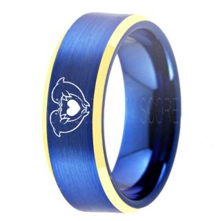 Dolphins Ring, Dolphin Heart Ring, Dolphin Wedding Ring, Dolphin Wedding Band, Marine Life Ring, Bottlenose Dolphins Ring, Blue Tungsten Ring, Blue Wedding Band, Ocean Life Wedding Band