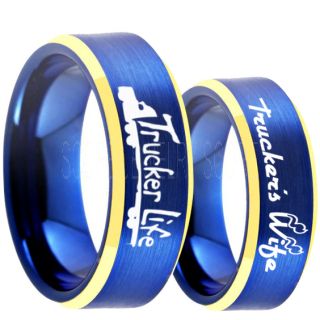 Truck Driver Ring, Trucker's Wife Ring, 2 Piece Couple Set Trucker Ring, Truck Life Ring, Trucker Life Ring, Blue Tungsten Ring, Trucker Jewelry, Truck Driver Wedding Band, Blue Tungsten Band, Blue Wedding Ring