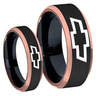 Chevrolet Rings, Black Chevy Rings, Black Bowtie Rings, 2 Piece Couple Set Chevy Bowtie Rings, Black Chevy Wedding Rings, Black Chevy Wedding Bands, Black Chevrolet Wedding Rings, Chevrolet Wedding Bands, Black Rings, Black Wedding Rings