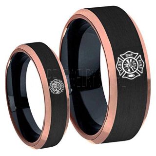 Fire Department Rings, 2 Piece Couple Set Fireman Rings, Fireman Jewelry, Black Tungsten Bands, Black Tungsten Wedding Bands, Firefighter Rings, Fire Department Tungsten Rings