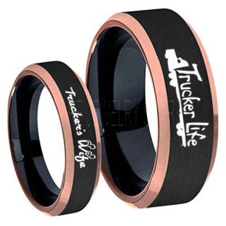 Truck Driver Ring, Trucker's Wife Ring, 2 Piece Couple Set Trucker Ring, Truck Life Ring, Trucker Life Ring, Black Tungsten Ring, Trucker Jewelry, Truck Driver Wedding Band, Black Tungsten Band, Black Wedding Ring