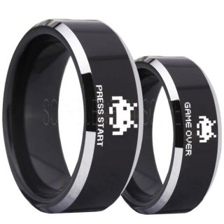 Player 1 Player 2 Rings, Retro Gamer Rings, Gamer Rings, Space Invaders Rings, Atari Rings, Nintendo Rings, Black Tungsten Rings, Black Wedding Bands, Couple Ring Set Gamer Rings
