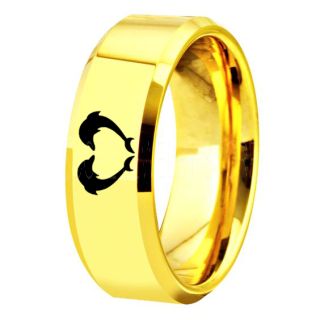 Dolphins Ring, Dolphin Heart Ring, Dolphin Wedding Ring, Dolphin Wedding Band, Marine Life Ring, Bottlenose Dolphins Ring, Yellow Gold Tungsten Ring, Yellow Gold Wedding Band, Ocean Life Wedding Band