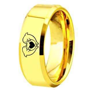 Dolphins Ring, Dolphin Heart Ring, Dolphin Wedding Ring, Dolphin Wedding Band, Marine Life Ring, Bottlenose Dolphins Ring, Yellow Gold Tungsten Ring, Yellow Gold Wedding Band, Ocean Life Wedding Band