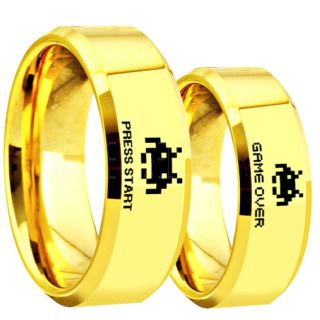 Player 1 Player 2 Rings, Retro Gamer Rings, Gamer Rings, Space Invaders Rings, Atari Rings, Nintendo Rings, 14K Yellow Gold Tungsten Rings, Yellow Gold Wedding Bands, Couple Ring Set Gamer Rings