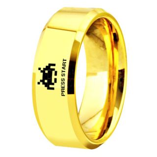 Player 1 Player 2 Rings, Retro Gamer Rings, Gamer Rings, Space Invaders Rings, Atari Rings, Nintendo Rings, 14K Yellow Gold Tungsten Rings, Yellow Gold Wedding Bands