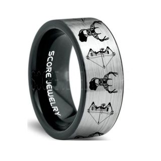 Deer Hunting Ring, Elk Hunting Ring, Deer Hunting Tungsten Ring, Crossbow Deer Hunting Ring, Crossbow Deer Ring, Elk in Forest Scene Ring, Deer Jewelry, Black Tungsten Wedding Band