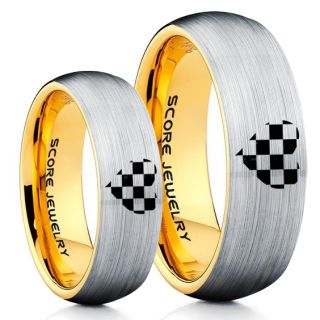 Racing Ring, 2 Piece Couple Ring Set, Racing Flag Ring, Checkered Flag Heart Ring, Chequered Flag Ring, Silver Tungsten Ring, Auto Racing Ring, Silver Wedding Band, Silver Tungsten Ring