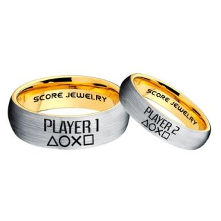 Player 1 Player 2 Rings, Gamer Rings, Silver Tungsten Rings, Silver Wedding Bands, Couple Ring Set Gamer Rings, Silver Tungsten Bands