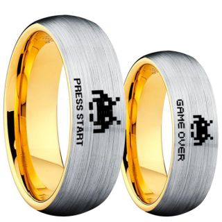 Player 1 Player 2 Rings, Retro Gamer Rings, Gamer Rings, Space Invaders Rings, Atari Rings, Nintendo Rings, Silver Tungsten Rings, Silver Wedding Bands, Couple Ring Set Gamer Rings