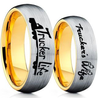 Truck Driver Ring, Trucker's Wife Ring, 2 Piece Couple Set Trucker Ring, Truck Life Ring, Trucker Life Ring, Silver Tungsten Ring, Trucker Jewelry, Truck Driver Wedding Band, Silver Tungsten Band, Silver Wedding Ring