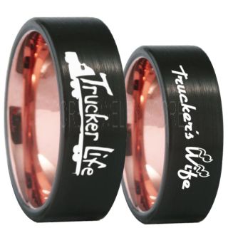 Truck Driver Ring, Trucker's Wife Ring, 2 Piece Couple Set Trucker Ring, Truck Life Ring, Trucker Life Ring, Black Tungsten Ring, Trucker Jewelry, Truck Driver Wedding Band, Black Tungsten Band, Black Wedding Ring