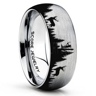 Deer Hunting Ring, Elk Hunting Ring, Deer Hunting Tungsten Ring, Crossbow Deer Hunting Ring, Crossbow Deer Ring, Elk in Forest Scene Ring, Deer Jewelry, Silver Tungsten Wedding Band