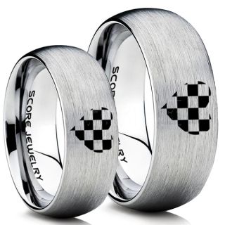 Racing Ring, 2 Piece Couple Ring Set, Racing Flag Ring, Checkered Flag Heart Ring, Chequered Flag Ring, Silver Tungsten Ring, Auto Racing Ring, Silver Wedding Band, Silver Tungsten Ring