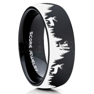 Deer Hunting Ring, Elk Hunting Ring, Deer Hunting Tungsten Ring, Crossbow Deer Hunting Ring, Crossbow Deer Ring, Elk in Forest Scene Ring, Deer Jewelry, Black Tungsten Wedding Band
