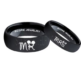 Mickey Mouse Ring, Minnie Mouse Ring, 2 Piece Couple Set Black Tungsten Bands, Mr & Mrs Rings, Tungsten Wedding Bands, Black Wedding Rings