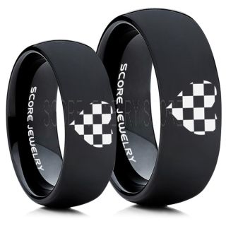 Racing Ring, 2 Piece Couple Ring Set, Racing Flag Ring, Checkered Flag Heart Ring, Chequered Flag Ring, Black Tungsten Ring, Auto Racing Ring, Black Wedding Band, Black Tungsten Ring