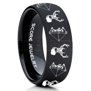 Deer Hunting Ring, Elk Hunting Ring, Deer Hunting Tungsten Ring, Crossbow Deer Hunting Ring, Crossbow Deer Ring, Elk in Forest Scene Ring, Deer Jewelry, Black Tungsten Wedding Band