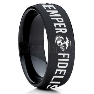 Semper Fidelis Marines Ring, United States Marine Corps Ring, 8mm Black Tungsten Ring, Black Wedding Band, Black Tungsten Band, Military Ring, United States Marine Corps
