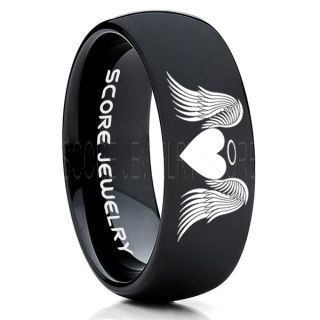 Angel Wings Ring, Halo Ring, Angel Ring, Angel Wings Jewelry, Angel Wings Wedding Ring, Black Tungsten Band, Black Wedding Ring, Angel Wedding Ring