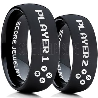Gamer Rings, Couple Ring Set, Player 1 Player 2 Rings, Controller Rings, Black Gamer Wedding Rings, Black Tungsten Gamer Wedding Bands, Black Tungsten Rings, Black Wedding Bands, Gamer Jewelry