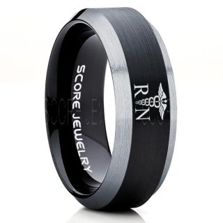 Nurse Ring, Registered Nurse Ring, RN Nurse Wedding Band, Career Ring, RN Nurse Jewelry, Nurse Black Tungsten Ring, Black Wedding Band, Black Tungsten Wedding Band