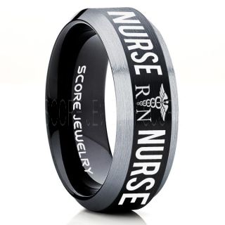 Nurse Ring, Registered Nurse Ring, RN Nurse Wedding Band, Career Ring, RN Nurse Jewelry, Nurse Black Tungsten Ring, Black Wedding Band, Black Tungsten Wedding Band