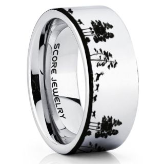Wolves Hunting Deer Ring, Deer Hunting Ring, Elk Hunting Ring, Deer Hunting Tungsten Ring, Wolves Hunting Deer Scene Ring, Crossbow Deer Ring, Elk in Forest Scene Ring, Deer Jewelry, Silver Tungsten Wedding Band