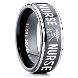 Nurse Ring, Registered Nurse Ring, RN Nurse Wedding Band, Career Ring, RN Nurse Jewelry, Nurse Black Tungsten Ring, Black Wedding Band, Black Tungsten Wedding Band
