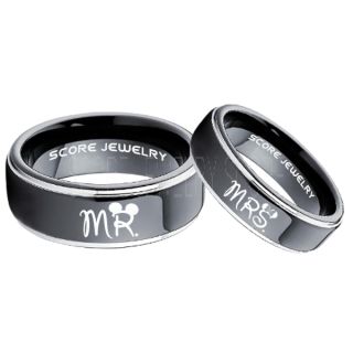 Mickey Mouse Ring, Minnie Mouse Ring, 2 Piece Couple Set Black Tungsten Bands, Mr & Mrs Rings, Tungsten Wedding Bands, Black Wedding Rings