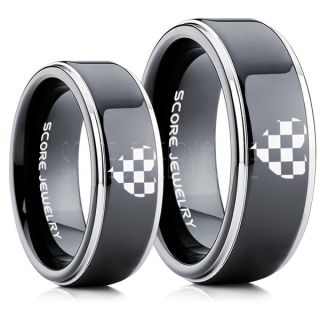 Racing Ring, 2 Piece Couple Ring Set, Racing Flag Ring, Checkered Flag Heart Ring, Chequered Flag Ring, Black Tungsten Ring, Auto Racing Ring, Black Wedding Band, Black Tungsten Ring