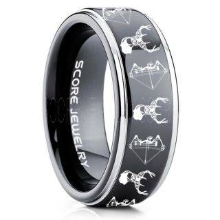 Deer Hunting Ring, Elk Hunting Ring, Deer Hunting Tungsten Ring, Crossbow Deer Hunting Ring, Crossbow Deer Ring, Elk in Forest Scene Ring, Deer Jewelry, Black Tungsten Wedding Band