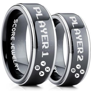 Gamer Rings, Couple Ring Set, Player 1 Player 2 Rings, Controller Rings, Black Gamer Wedding Rings, Black Tungsten Gamer Wedding Bands, Black Tungsten Rings, Black Wedding Bands, Gamer Jewelry