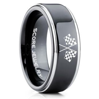 Racing Ring, Racing Flag Ring, Checkered Flag Ring, Chequered Flag Ring, Black Tungsten Ring, Auto Racing Ring, Black Wedding Band, Black Tungsten Ring