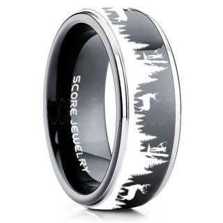 Deer Hunting Ring, Elk Hunting Ring, Deer Hunting Tungsten Ring, Crossbow Deer Hunting Ring, Crossbow Deer Ring, Elk in Forest Scene Ring, Deer Jewelry, Black Tungsten Wedding Band