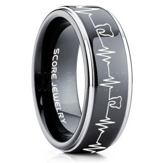 Dentist Ring, Dental Ring, Tooth Ring, Tooth Heartbeat Ring, Molar Tooth Ring, Black Tungsten Band, Black Tungsten Wedding Band, Dental Hygienist Gift, Dentist Gift