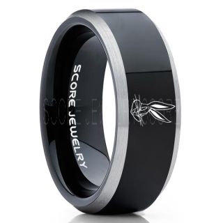 Bugs Bunny Ring, Bugs Bunny Wedding Ring, Bugs Bunny Wedding Band, Black Tungsten Ring, Black Ring, Black Wedding Band, Black Wedding Ring