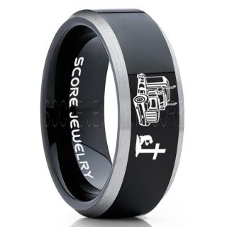 Truck Driver Ring, Trucker Ring, Praying Cowboy Ring, Black Tungsten Ring, Trucker Jewelry, Truck Driver Wedding Band, Black Tungsten Band, Black Wedding Ring