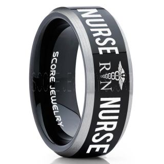 Nurse Ring, Registered Nurse Ring, RN Nurse Wedding Band, Career Ring, RN Nurse Jewelry, Nurse Black Tungsten Ring, Black Wedding Band, Black Tungsten Wedding Band