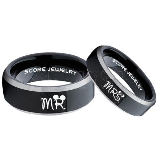 Mickey Mouse Ring, Minnie Mouse Ring, 2 Piece Couple Set Black Tungsten Bands, Mr & Mrs Rings, Tungsten Wedding Bands, Black Wedding Rings