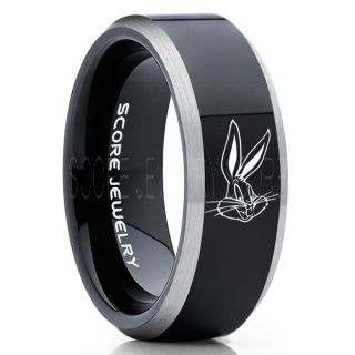 Bugs Bunny Ring, Bugs Bunny Wedding Ring, Bugs Bunny Wedding Band, Black Tungsten Ring, Black Ring, Black Wedding Band, Black Wedding Ring