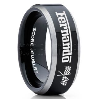Auto Racing Ring, Ferrari Ring, Personalize with Custom Name, Racing Ring, Racing Wedding Band, Auto Racing Wedding Ring, Black Tungsten Band, Black Wedding Ring