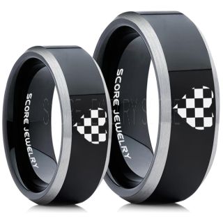 Racing Ring, 2 Piece Couple Ring Set, Racing Flag Ring, Checkered Flag Heart Ring, Chequered Flag Ring, Black Tungsten Ring, Auto Racing Ring, Black Wedding Band, Black Tungsten Ring