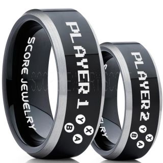 Gamer Rings, Couple Ring Set, Player 1 Player 2 Rings, Controller Rings, Black Gamer Wedding Rings, Black Tungsten Gamer Wedding Bands, Black Tungsten Rings, Black Wedding Bands, Gamer Jewelry