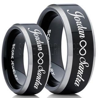 Infinity Couple Rings, Matching Couple Wedding Rings Set, Couple Wedding Rings, CUSTOMIZE YOUR NAMES Wedding Bands, Always and Forever Jewelry, Black Tungsten Wedding Ring, Black Tungsten Rings