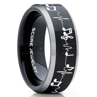 Music Ring, Music Heartbeat Ring, Music Sheet Ring, Music Jewelry, Piano Ring, Black Tungsten Ring, Black Ring, Black Wedding Band, Treble Clef Note Ring, Music Notes Ring