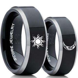 Sun and Moon Rings, Sun Ring, Moon Ring, 2 Piece Couple Tribal Sun and Moon Rings, Sun and Moon Wedding Bands, Tribal Sun and Moon Rings, Black Tungsten Bands, Sun and Moon Wedding Bands