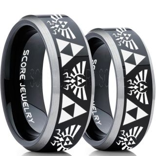 Zelda Ring, Gamer Ring, 2 Piece Couple Set Legend of Zelda Rings, Zelda Wedding Rings, Zelda Wedding Bands, Black Tungsten Rings, Black Wedding Bands