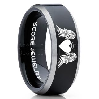 Angel Wings Ring, Halo Ring, Angel Ring, Angel Wings Jewelry, Angel Wings Wedding Ring, Black Tungsten Band, Black Wedding Ring, Angel Wedding Ring